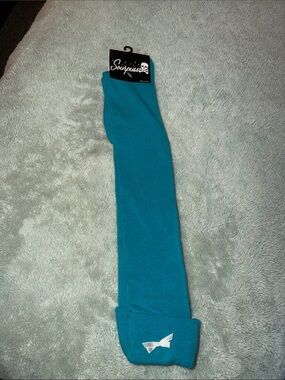 Sourpuss Teal Thigh-High Socks with White Bow Accent